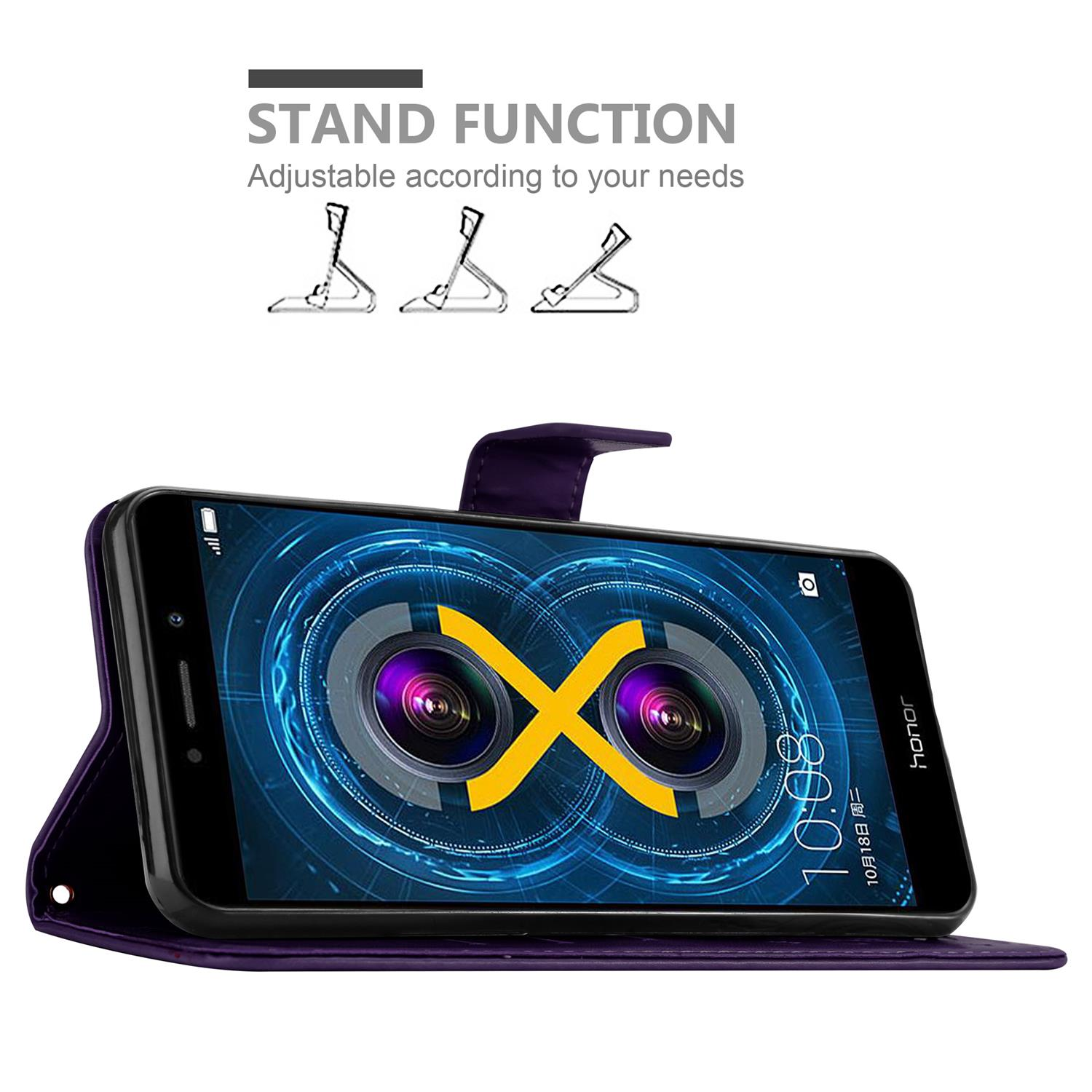 Telefono in una custodia viola. Lo schermo mostra un design con lente della fotocamera. Funzione stand con angoli.