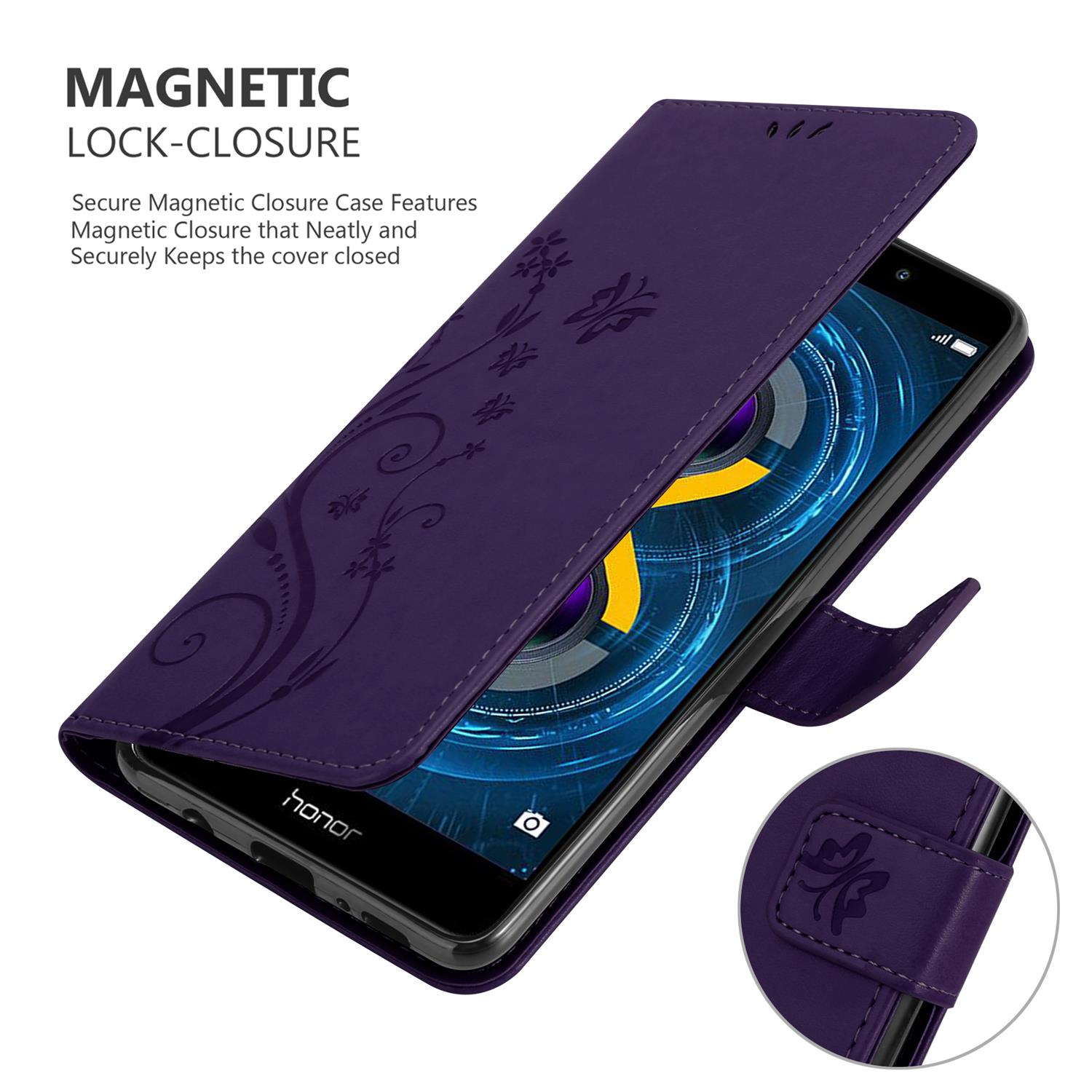 Una custodia per telefono viola con telefono aperto e design floreale. La custodia ha una chiusura magnetica.