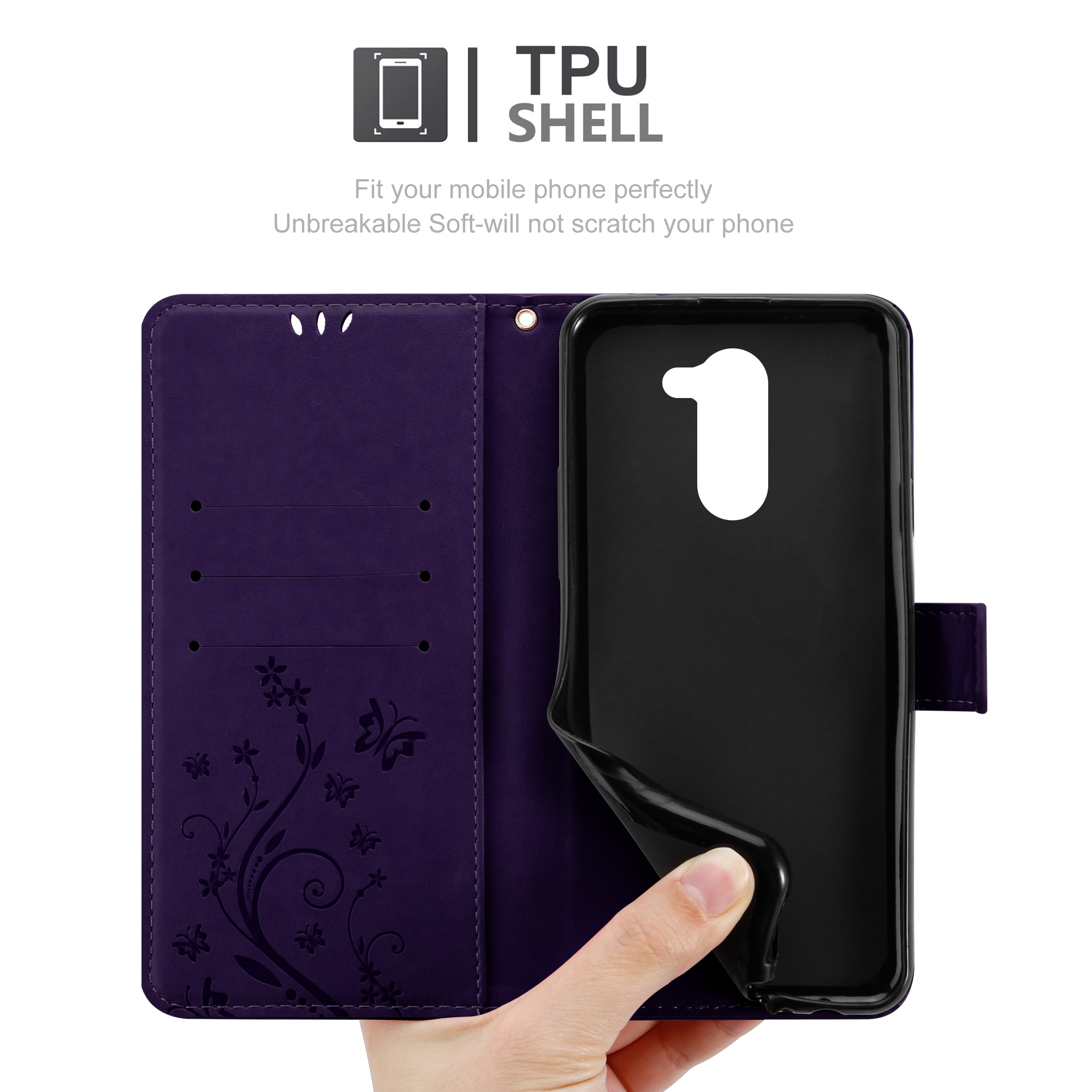 Custodia per telefono viola con un telefono all'interno, aperta. Testo: Guscio in TPU. Si adatta perfettamente al tuo telefono. Morbido infrangibile.