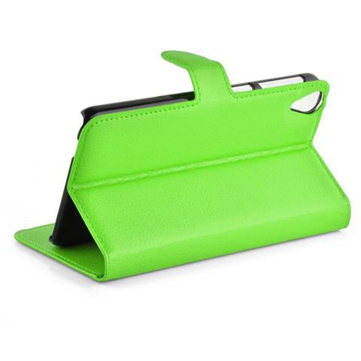 Grüne Handyhülle mit schwarzem Telefon. Die Hülle hat eine Standfunktion. Auf weißer Oberfläche.