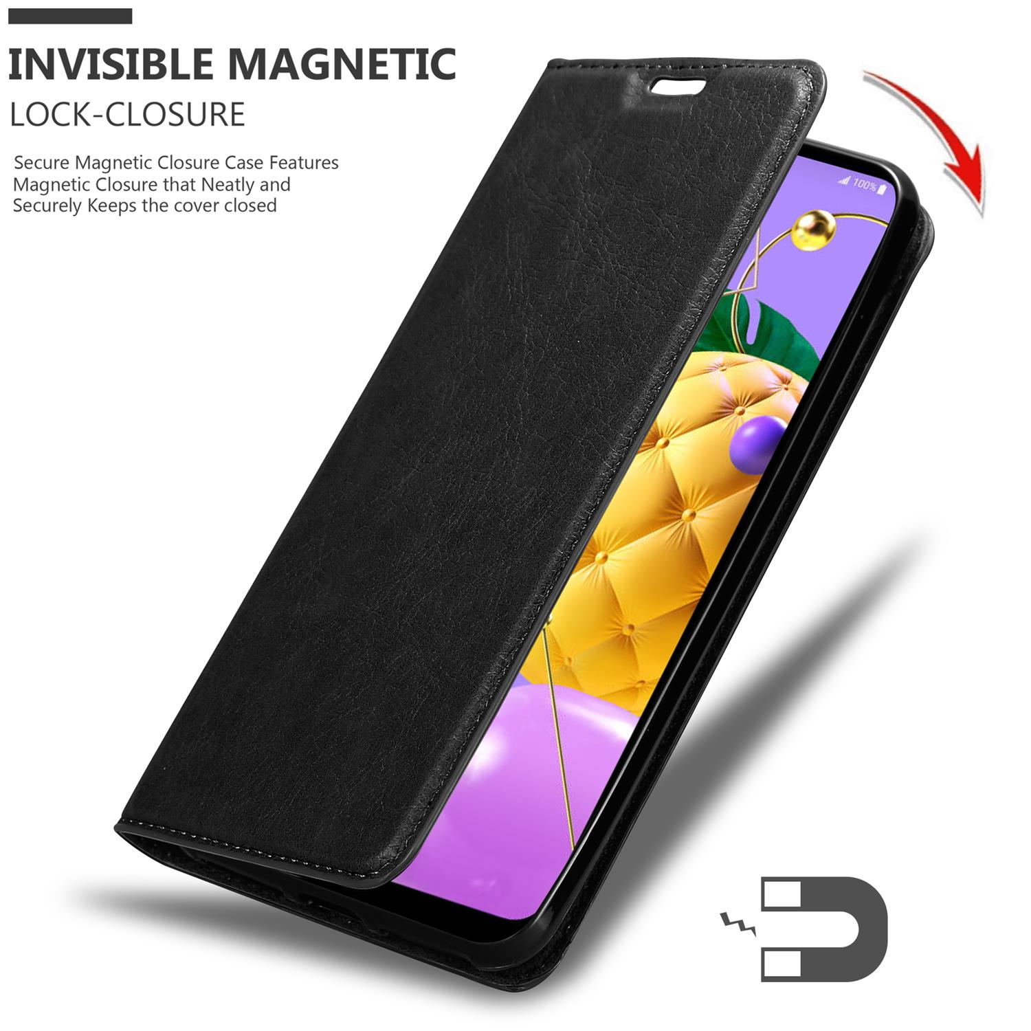 Custodia per telefono nera, aperta, che mostra un telefono. Chiusura magnetica, mantiene la cover chiusa.