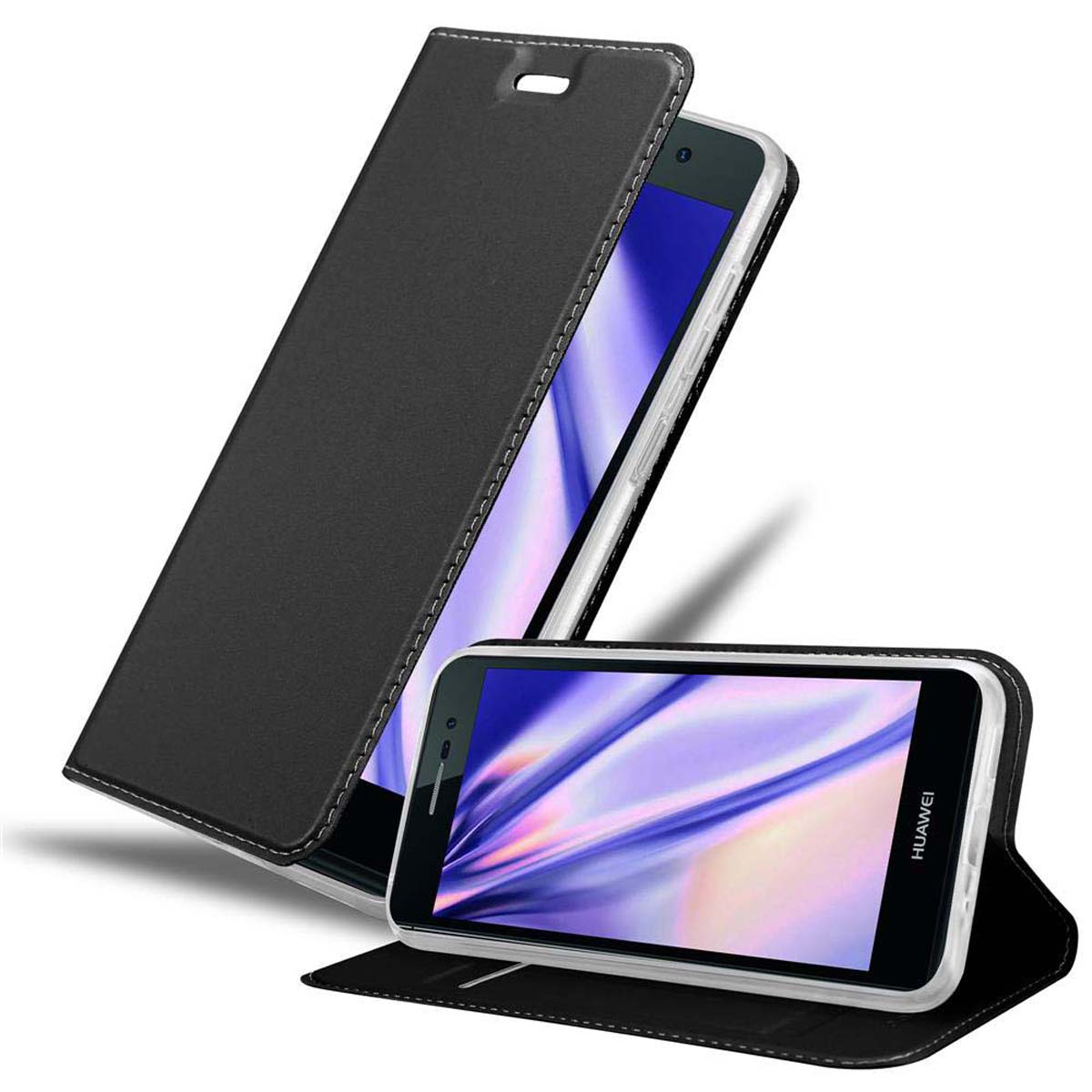 Funda negra para teléfono, abierta, con un teléfono dentro. La pantalla del teléfono es visible.