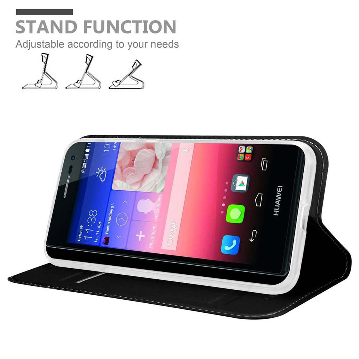Teléfono en una funda negra, abierto, de pie. La pantalla muestra una imagen. La funda tiene función de soporte.
