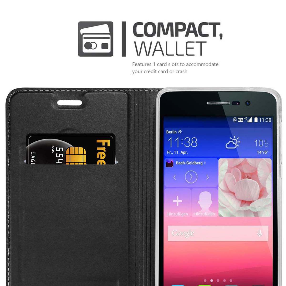 Teléfono en funda tipo cartera mostrando la hora y el clima de Berlín. Ranura para tarjeta y tarjeta visible. Texto: Compacto, Cartera.