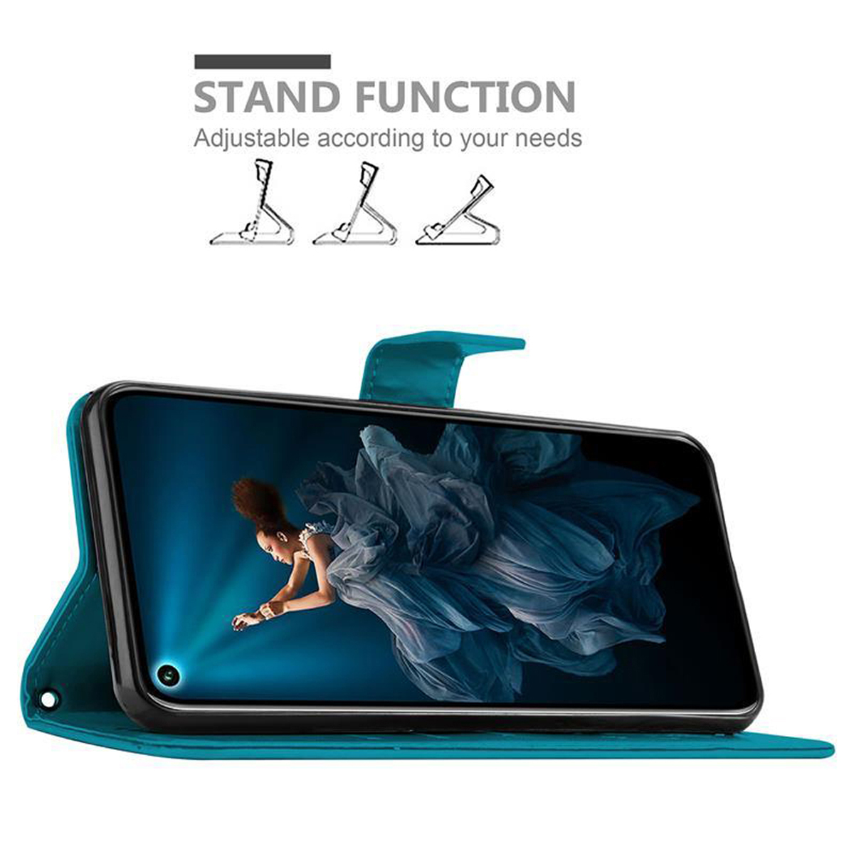 Custodia telefono verde acqua, aperta, sorregge telefono. Funzione supporto visualizzata. Schermo con donna.