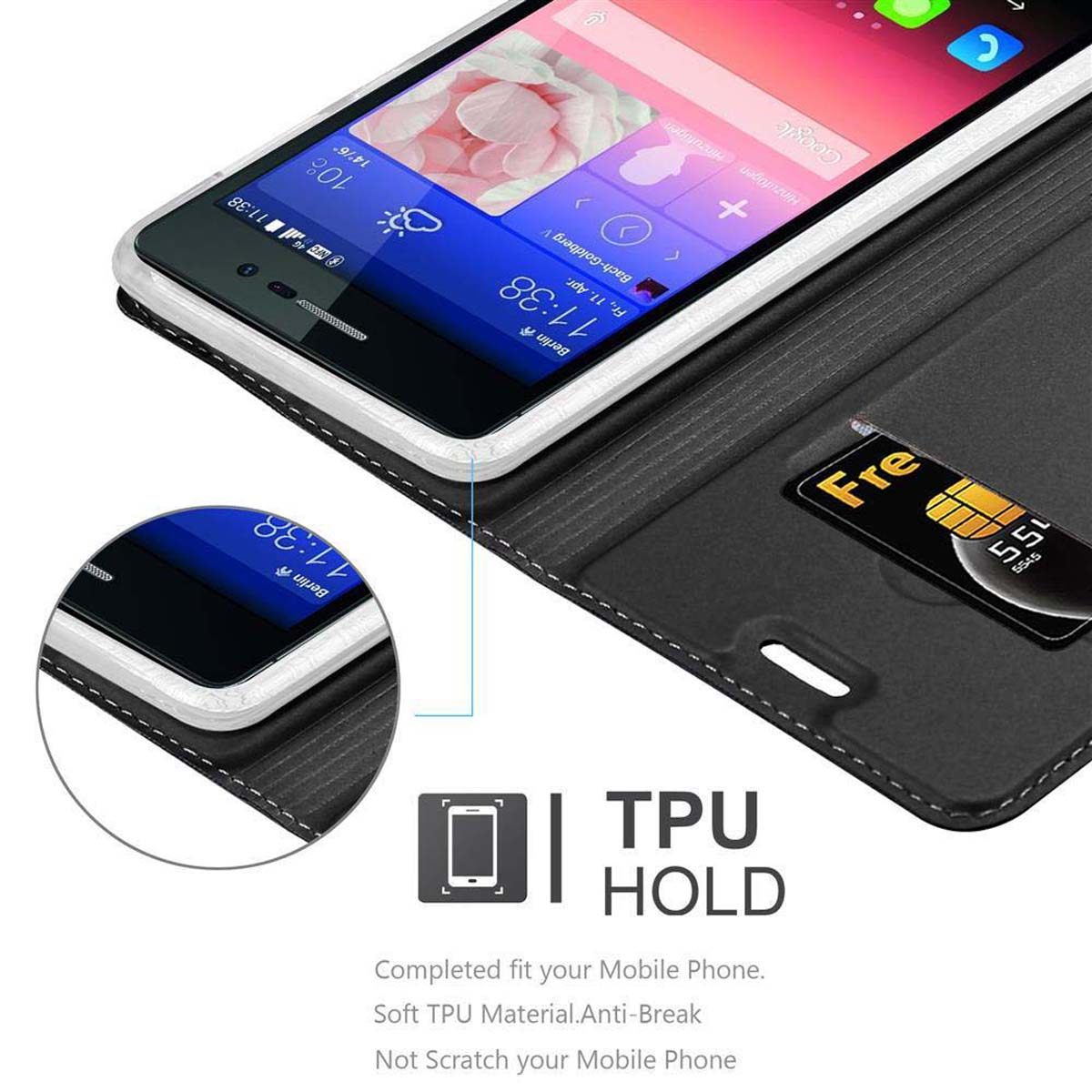 Smartphone en una funda negra. El teléfono muestra la hora y la fecha. Se muestra una tarjeta con la palabra Free.