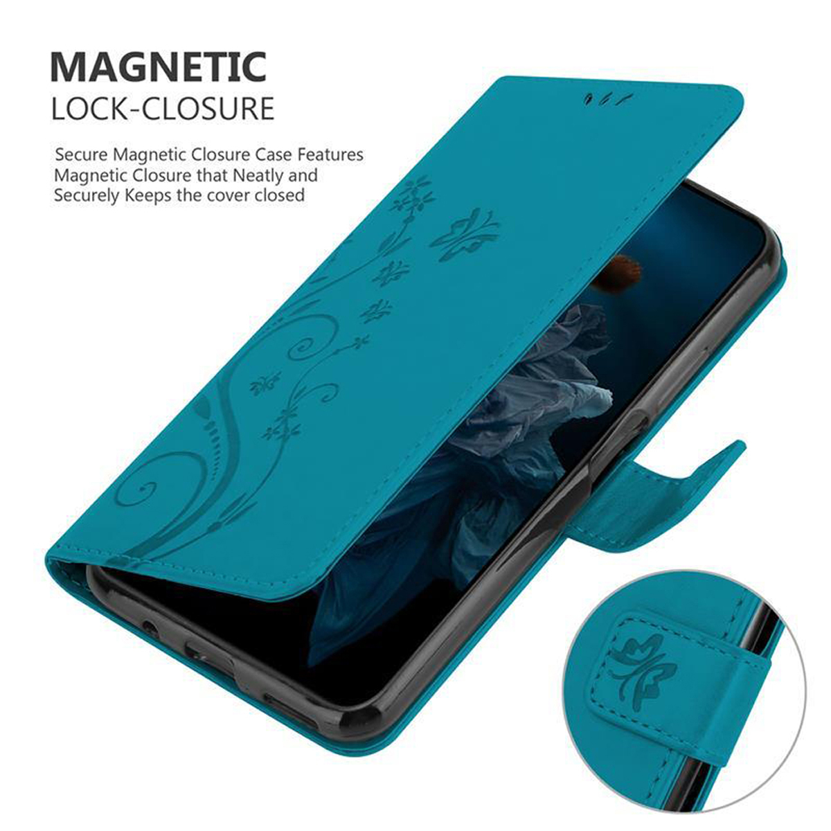 Custodia per telefono blu, aperta, con telefono all'interno. La custodia ha disegni floreali. La chiusura magnetica è visibile.