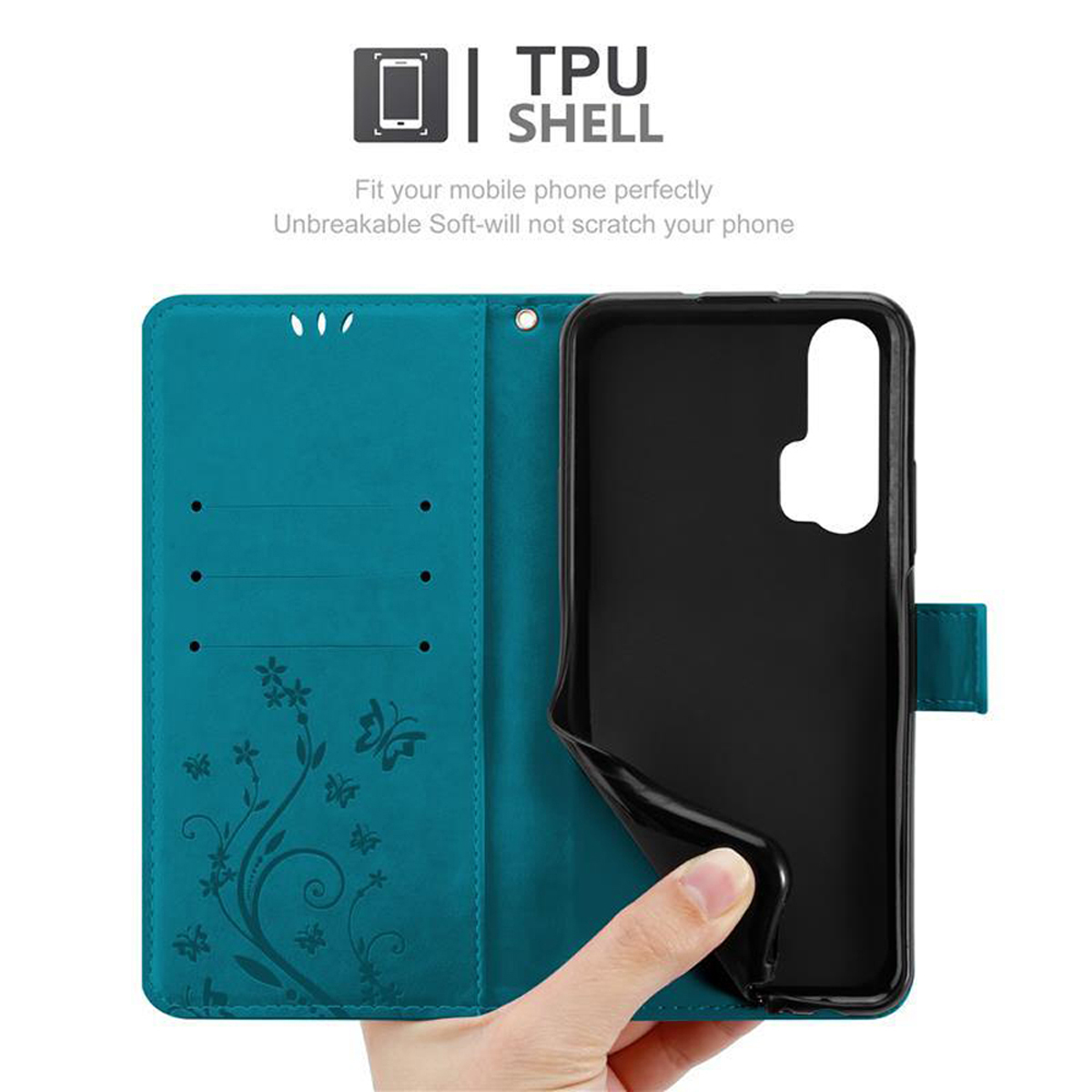 Custodia per telefono verde acqua con un design floreale. La custodia ha un guscio in TPU e il telefono è nero.