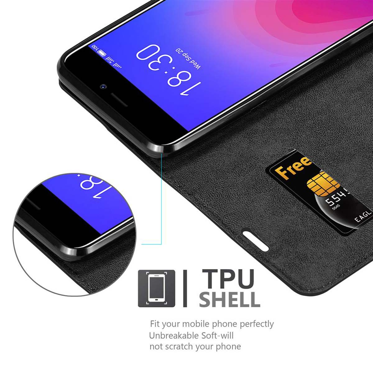 Schwarzes Telefon in einer schwarzen Handyhülle, mit einer SIM-Karte. Der Bildschirm zeigt die Uhrzeit.