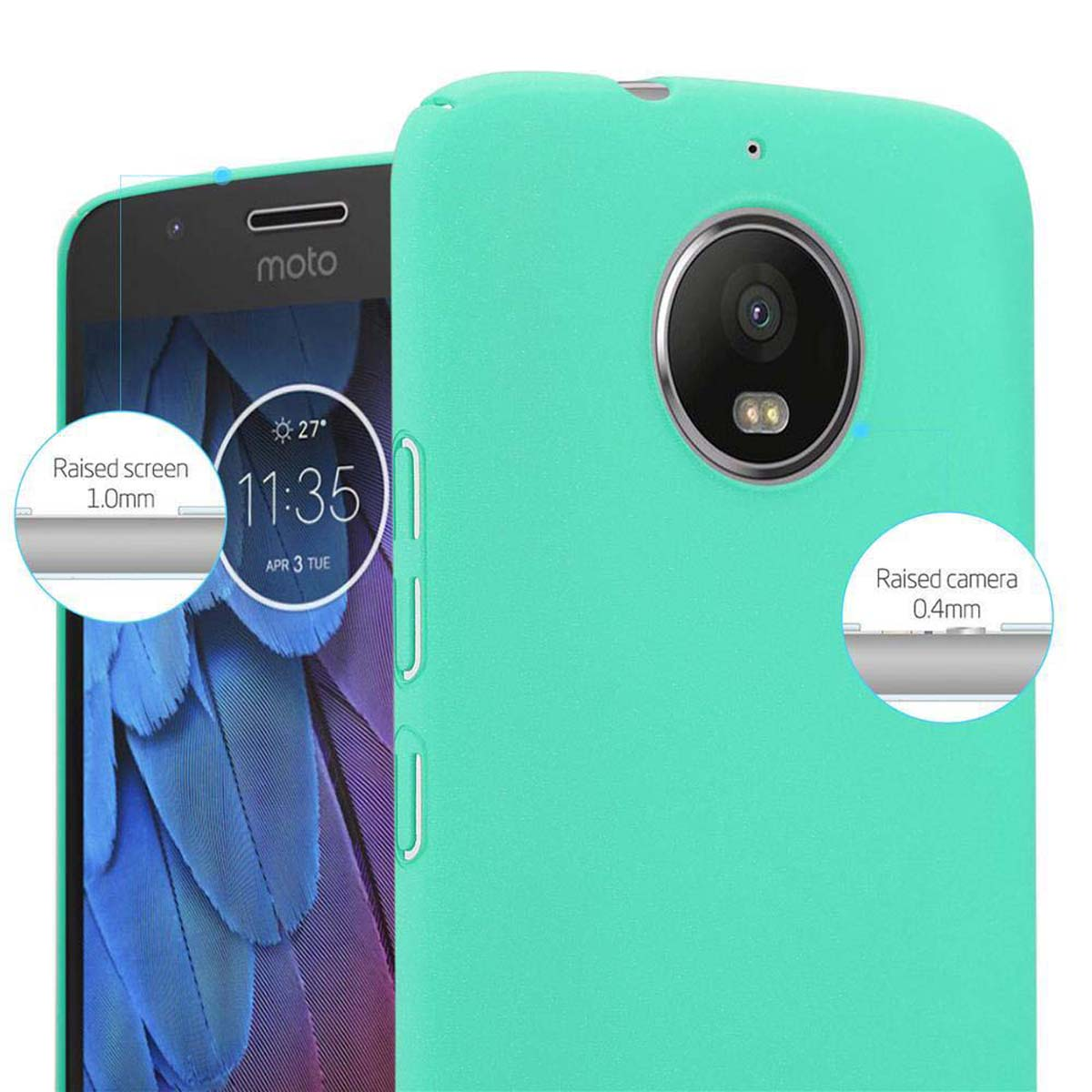 Custodia per telefono verde acqua con telefono che mostra l'ora. Dettagli schermo e fotocamera rialzati.