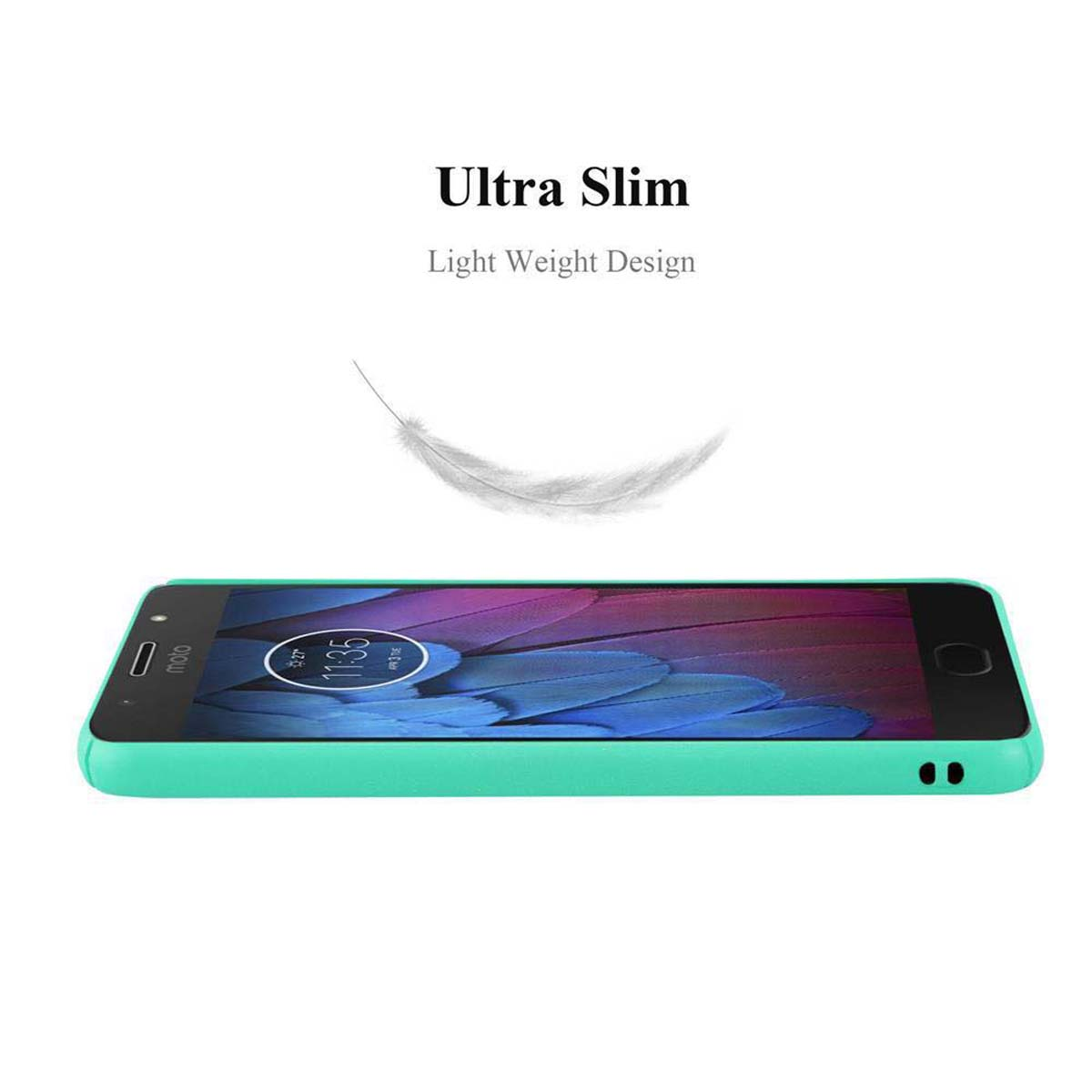 Una custodia per telefono con un design ultrasottile, con un telefono all'interno. Una piuma sopra.