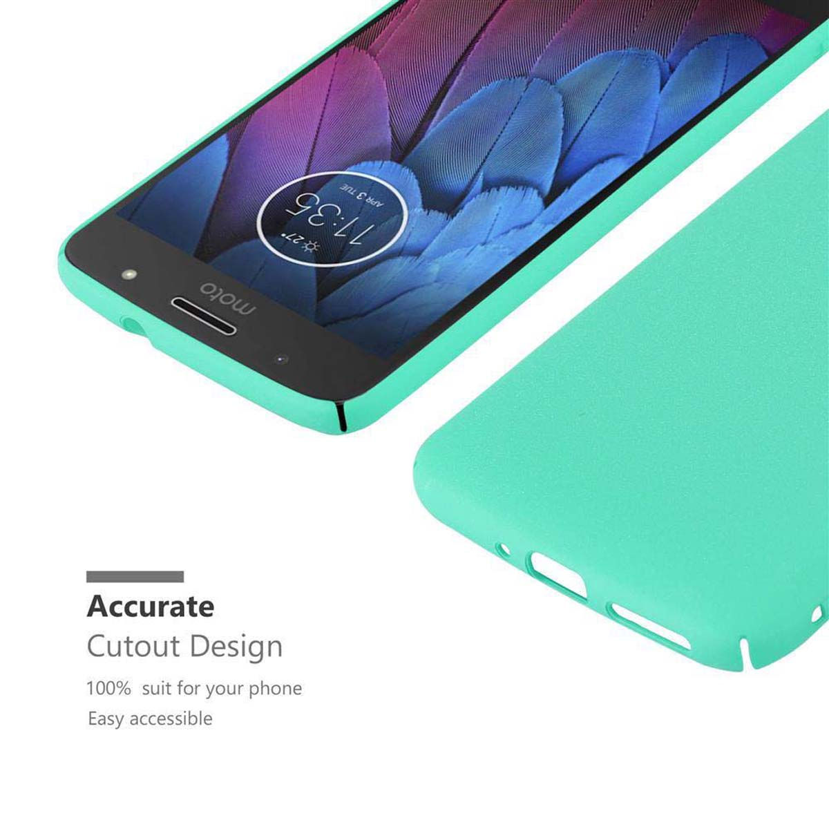 Custodia e telefono verde menta, che mostra lo schermo del telefono. Il telefono è sul lato destro con una custodia verde acqua.
