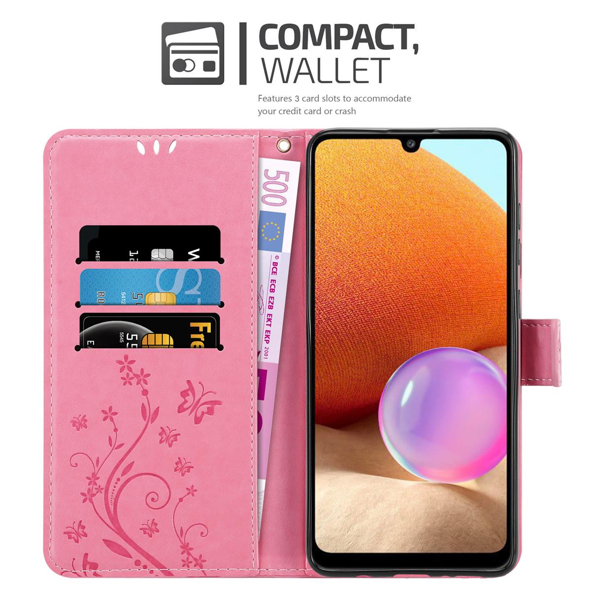 Custodia a portafoglio rosa con telefono. Contiene carte e denaro. Il telefono ha sfere colorate sullo schermo.