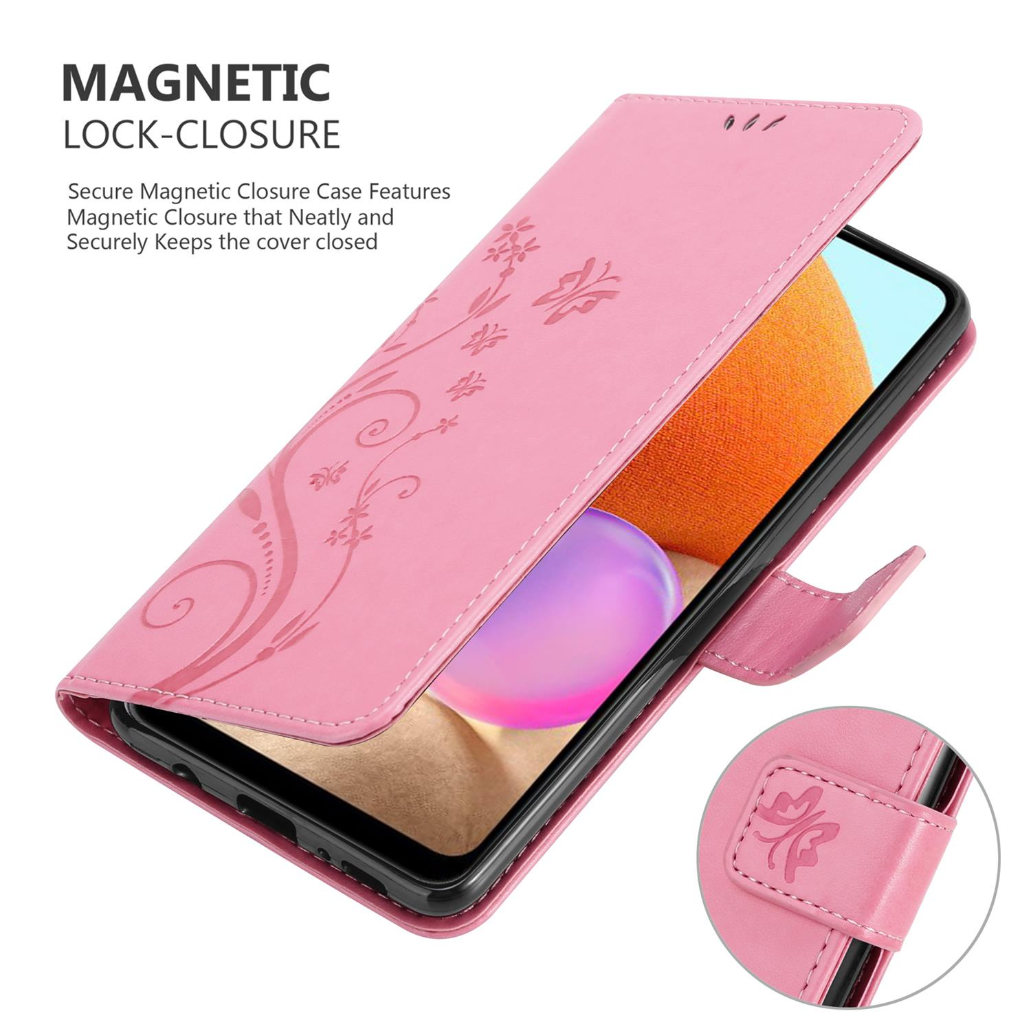 Custodia rosa per telefono aperta, che mostra lo schermo del telefono. Design floreale decorativo sulla custodia. Testo: 'Magnetic Lock-Closure'.