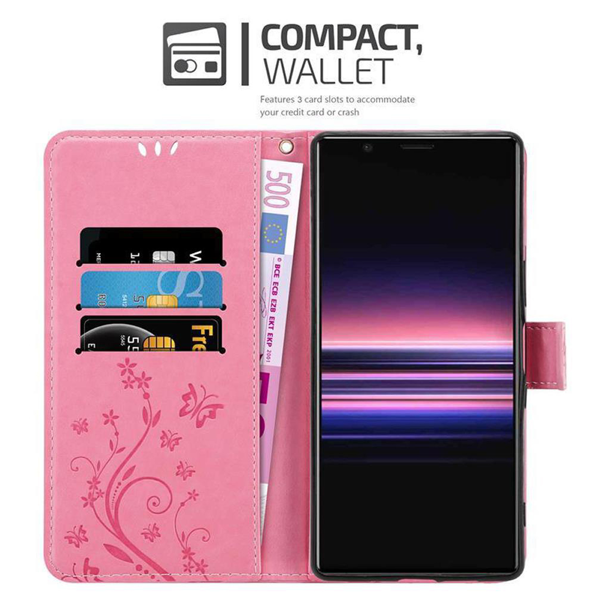 Custodia a portafoglio rosa aperta con carte e denaro all'interno. Un telefono è nella custodia.