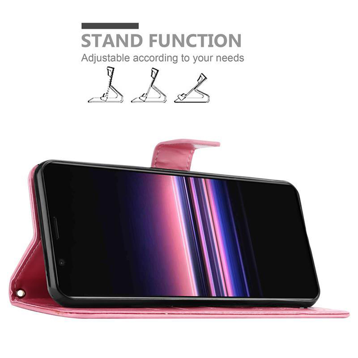 Custodia rosa per telefono, aperta. Schermo del telefono visibile. Testo: Funzione supporto.