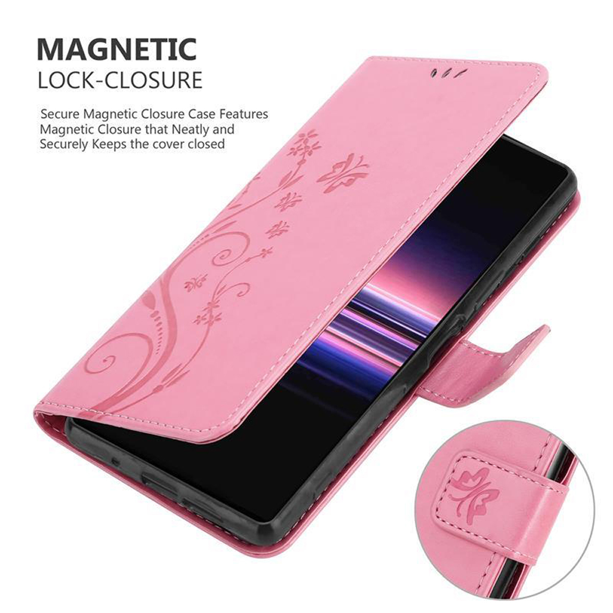 Custodia per telefono rosa, aperta, con un telefono nero. La custodia ha disegni floreali e una chiusura magnetica.