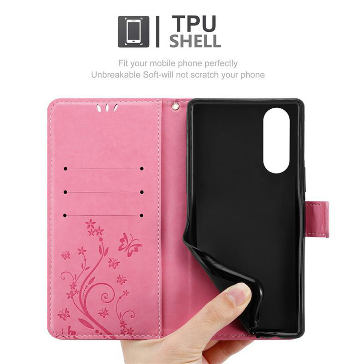Custodia per telefono rosa aperta con telefono all'interno. Testo: Guscio in TPU.