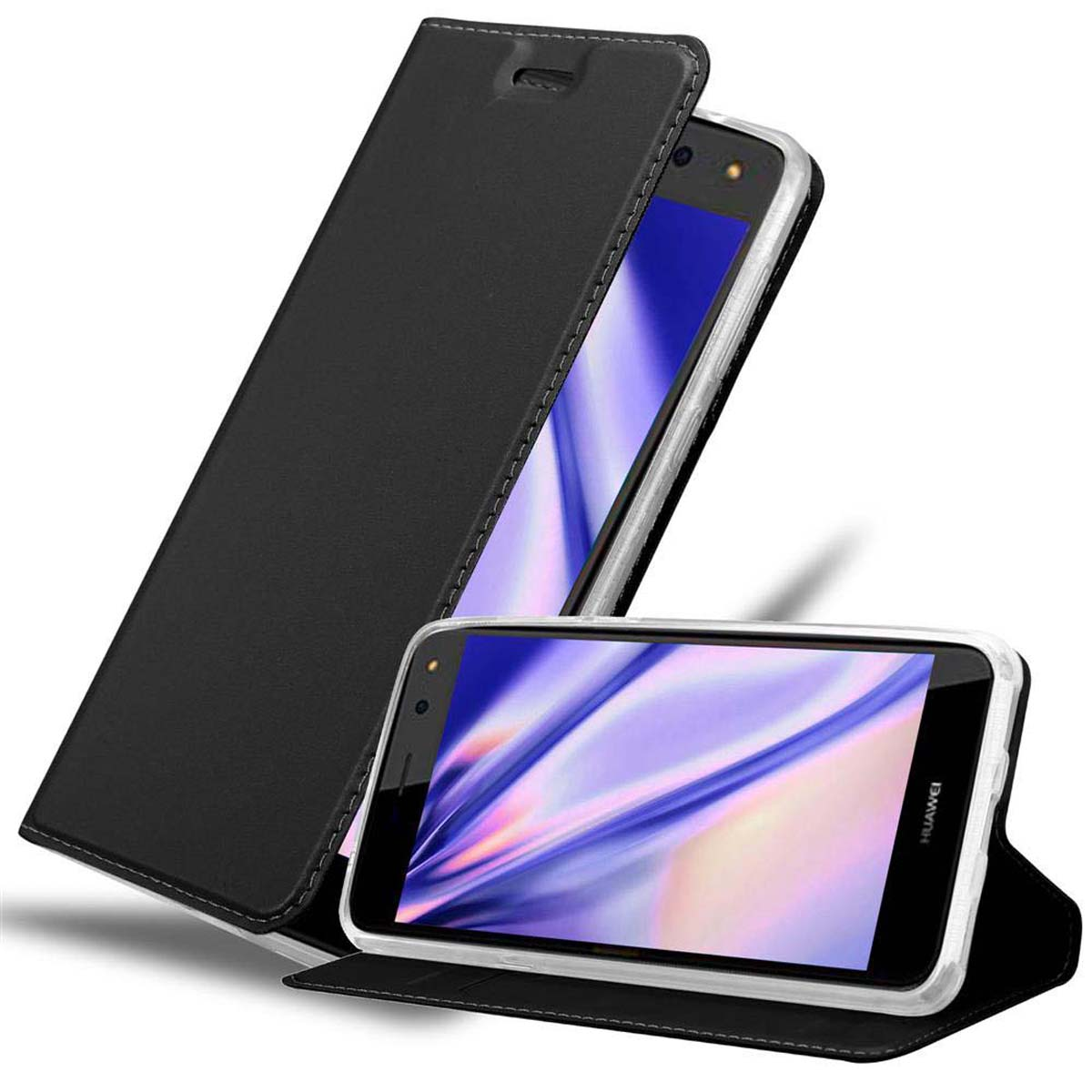 Custodia nera con telefono. Il telefono è in posizione verticale.