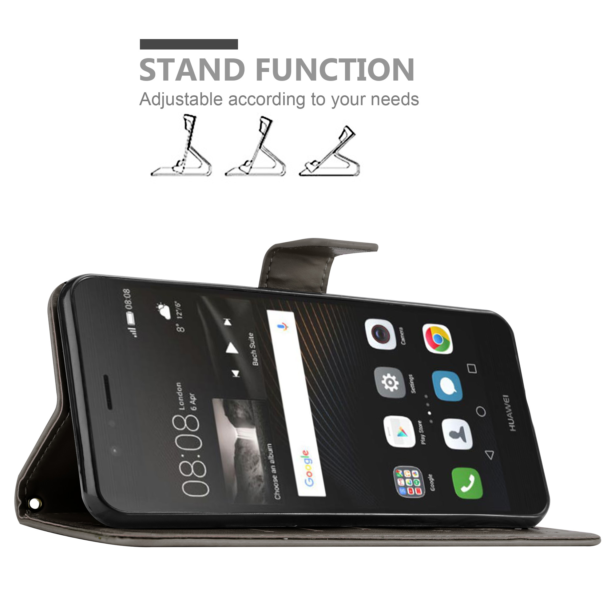 Custodia per telefono nera con telefono, che mostra la funzione supporto regolabile, con diverse icone di supporto.