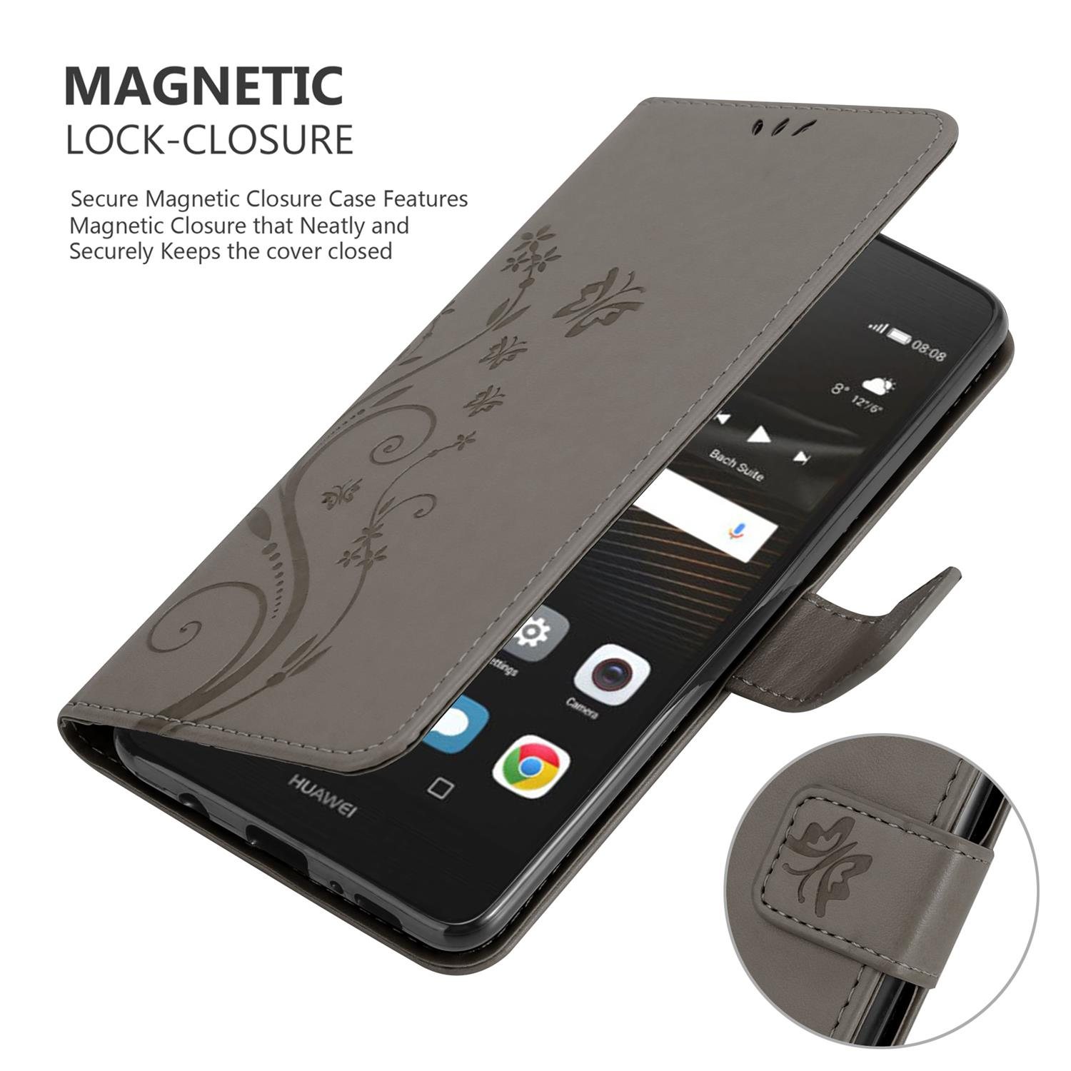 Custodia per telefono grigia aperta, design floreale, telefono all'interno. Chiusura magnetica. Il telefono è a destra.