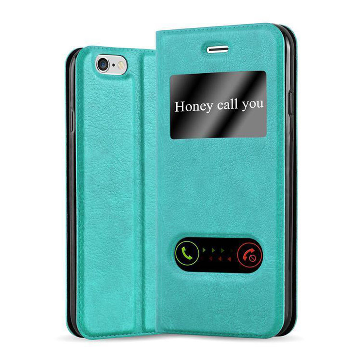 Custodia per telefono color verde acqua con una finestra che mostra il testo 'Honey call you'. Viene visualizzato un pulsante di chiamata.