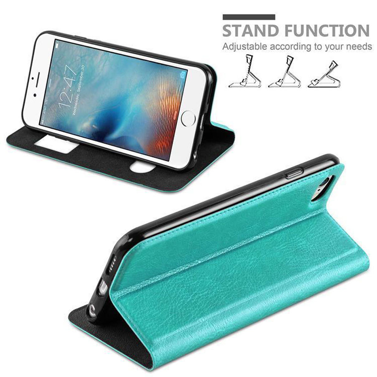 Custodia per telefono, telefono in posizione stand. Custodia turchese, telefono nero. Testo: Funzione stand.