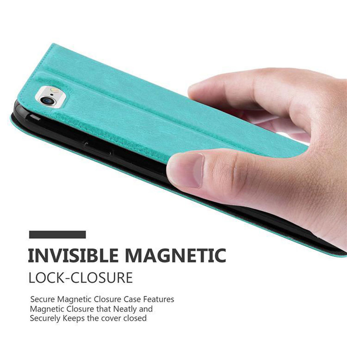 Custodia per telefono verde acqua con telefono all'interno, con chiusura magnetica.