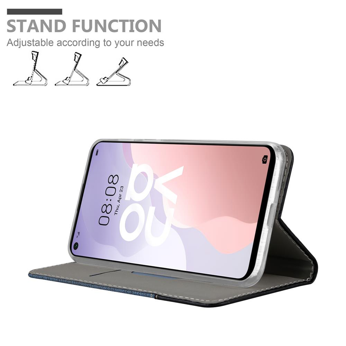 Ein Telefon in einer Flip-Case wird in einer Standposition gezeigt. Das Telefon zeigt seinen Startbildschirm an.