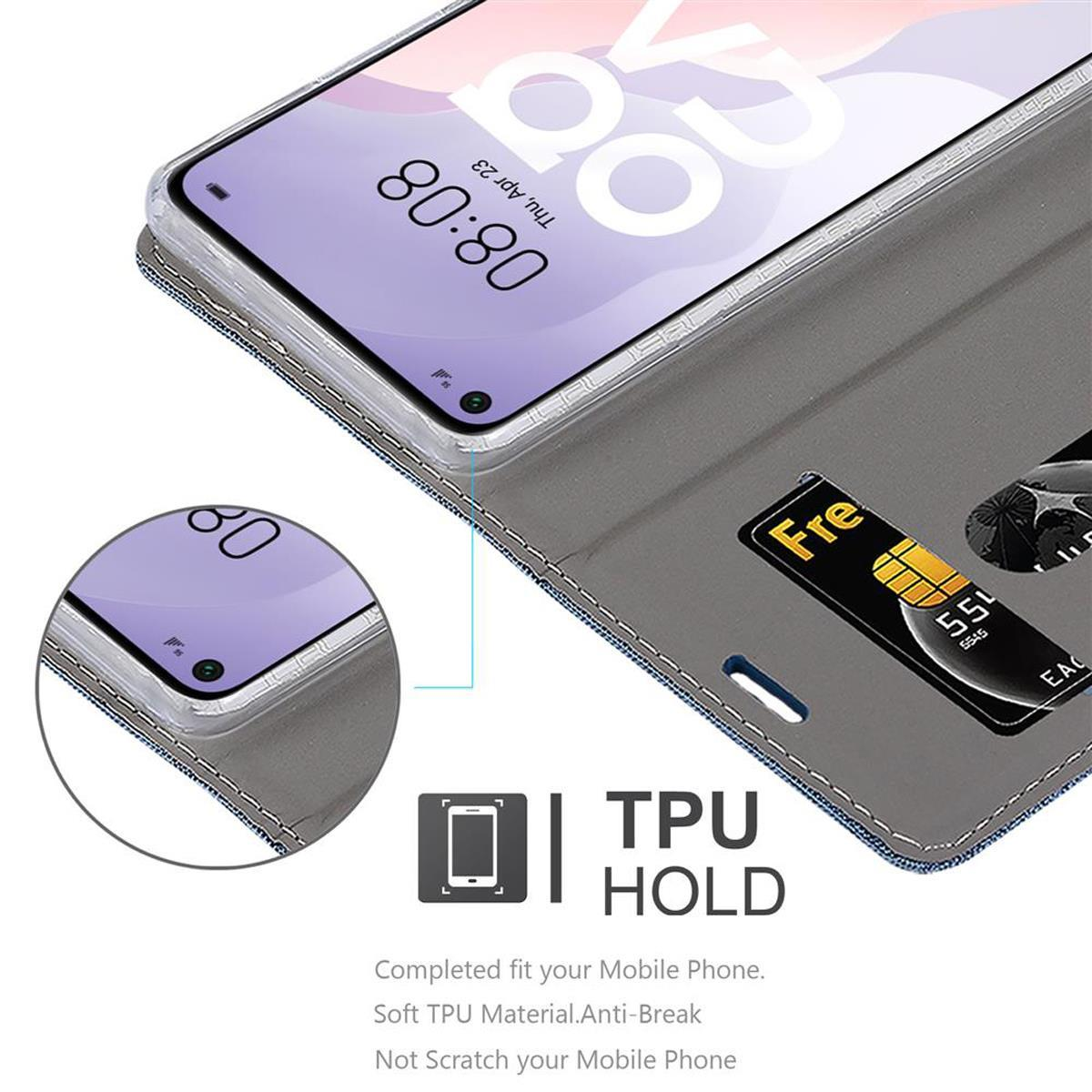 Handyhülle mit einem Telefon darin, zeigt einen Bildschirm mit einer Uhr und einem Kreditkartenfach. Es ist grau und blau.