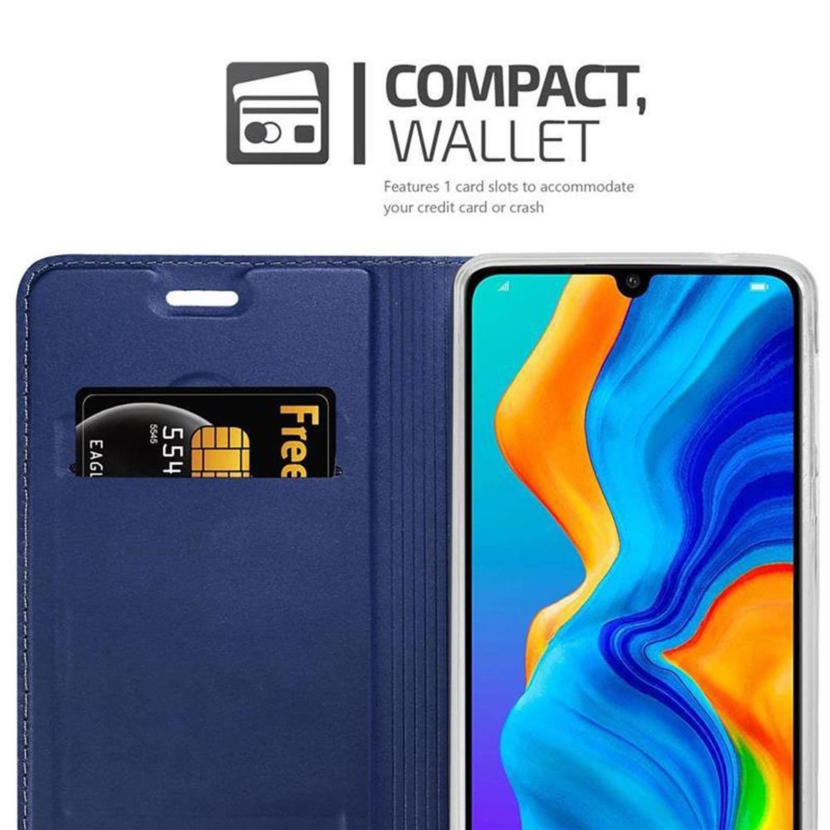 Custodia blu con telefono. Una carta di credito è visibile. Lo sfondo è bianco.