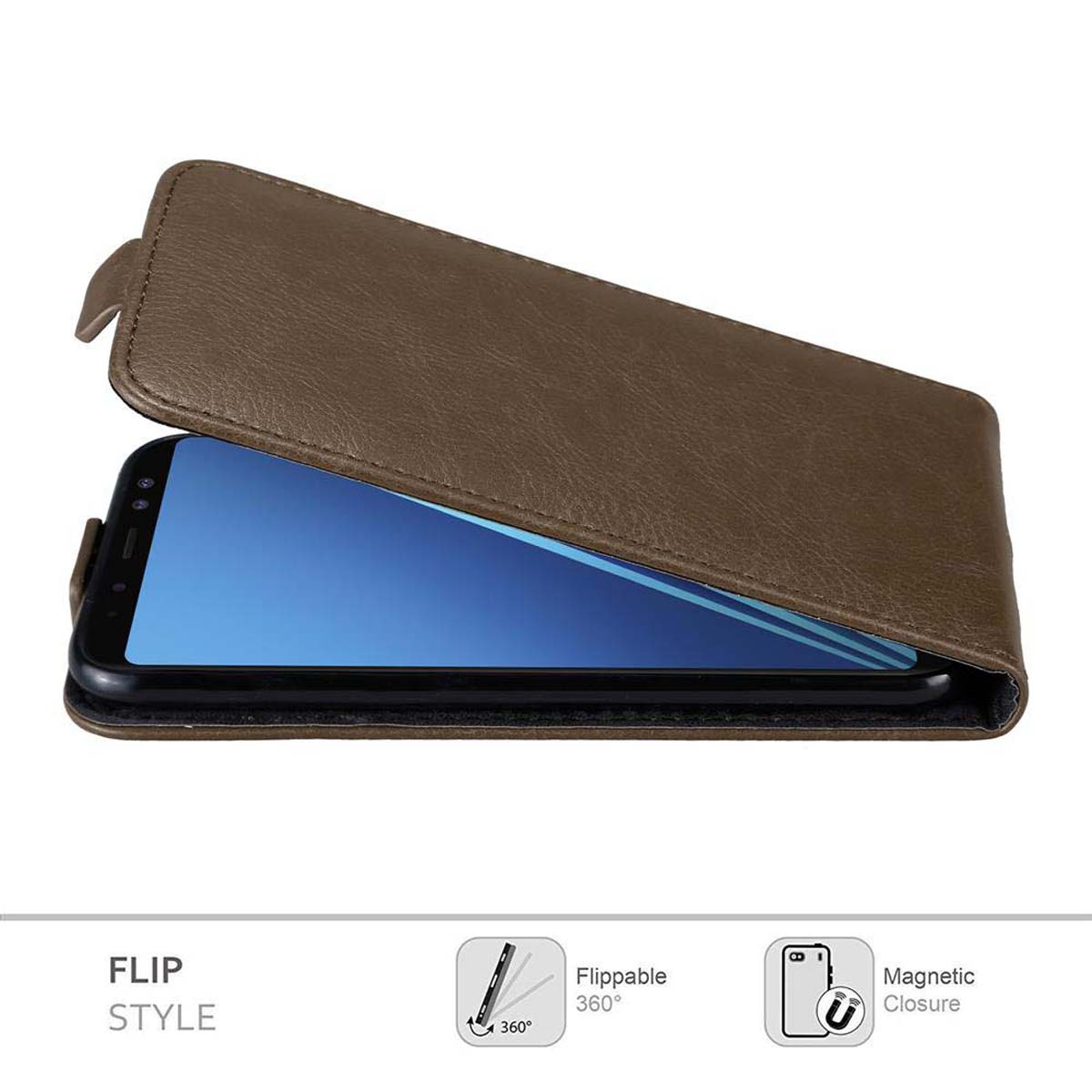 Custodia a flip in pelle marrone. Telefono all'interno. Stile flip e chiusura magnetica.