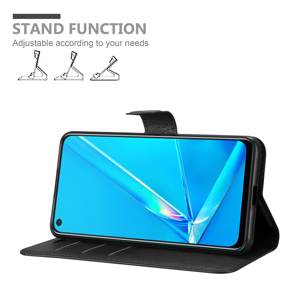 Telefon in schwarzer Hülle, offen und in Standfunktion. Text: 'Stand Function'. Grafik der Standfunktion.