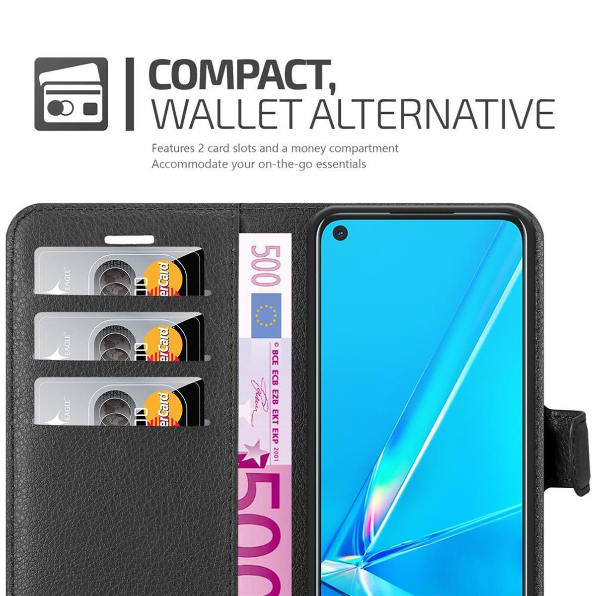 Eine schwarze Handyhülle mit einem Telefon, einer Kreditkarte und einem 500-Euro-Schein, auf weißem Hintergrund.