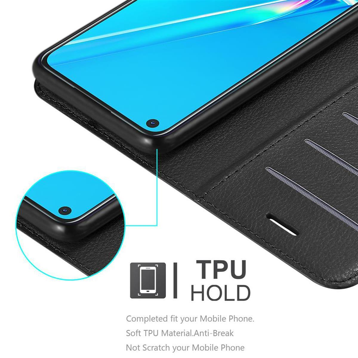 Schwarzes Telefon in einer Hülle mit blauem Bildschirm. TPU-Halterung ist geschrieben. Die Hülle ist offen.