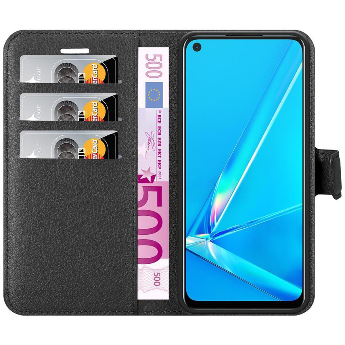 Schwarze Handyhülle mit Kartenfächern, die Karten und eine 500-Euro-Note sowie ein Telefon hält.