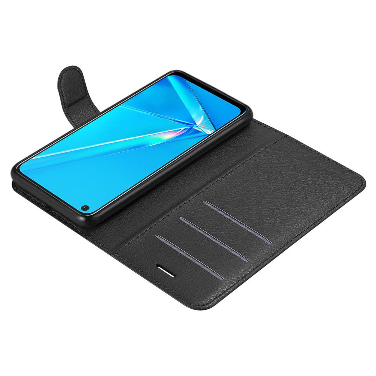 Schwarze Handyhülle mit Telefon, blauer Bildschirm.