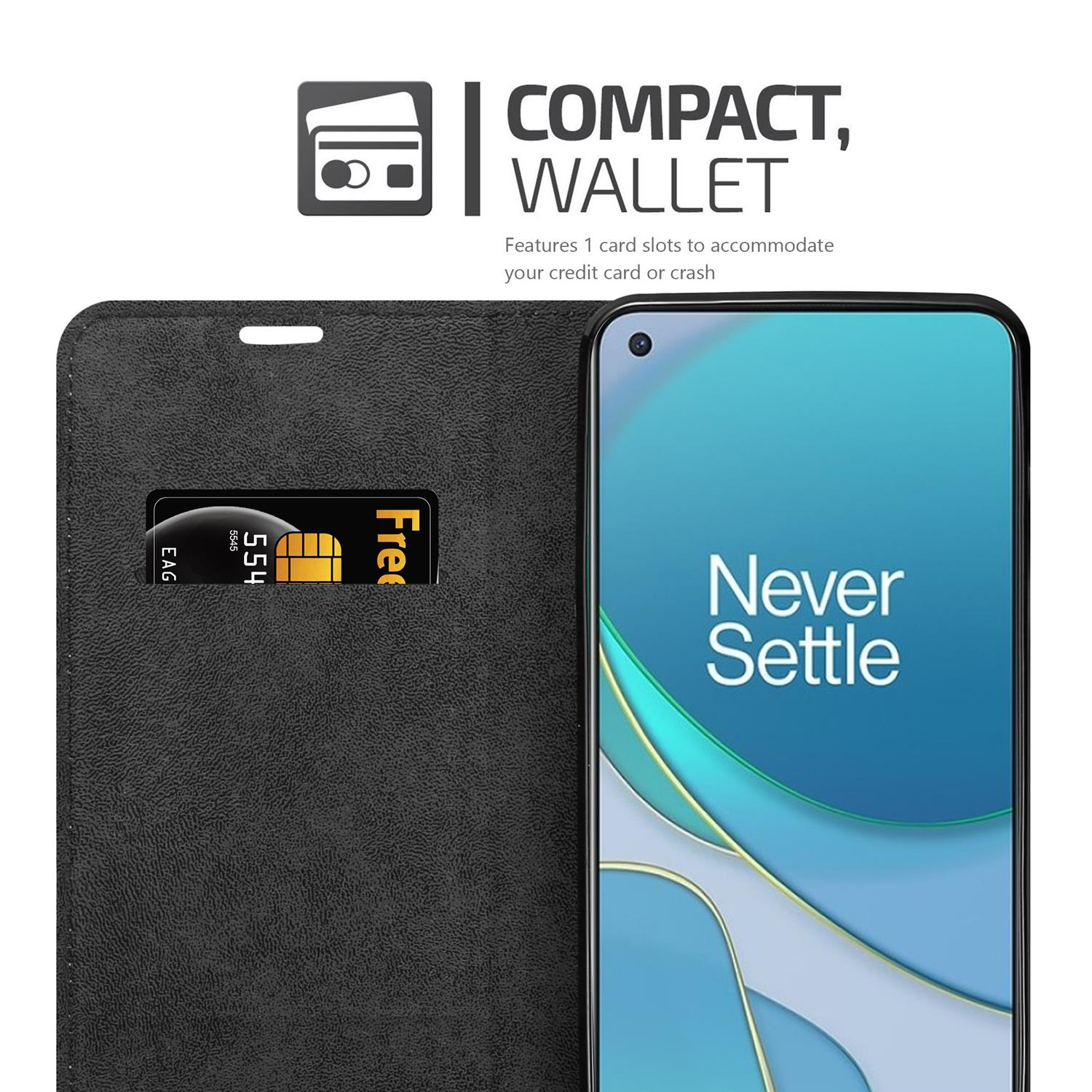 Custodia per telefono nera con telefono e slot per schede. Una scheda SIM è nello slot. Il telefono mostra 'Never Settle'.