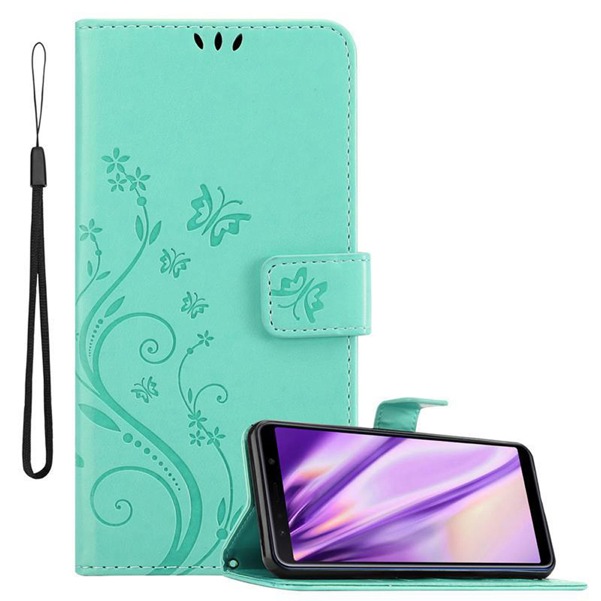 CADORABO Hülle Blumen Galaxy A7 Samsung, Case, TÜRKIS Muster FLORAL Bookcover, 2018, Flower