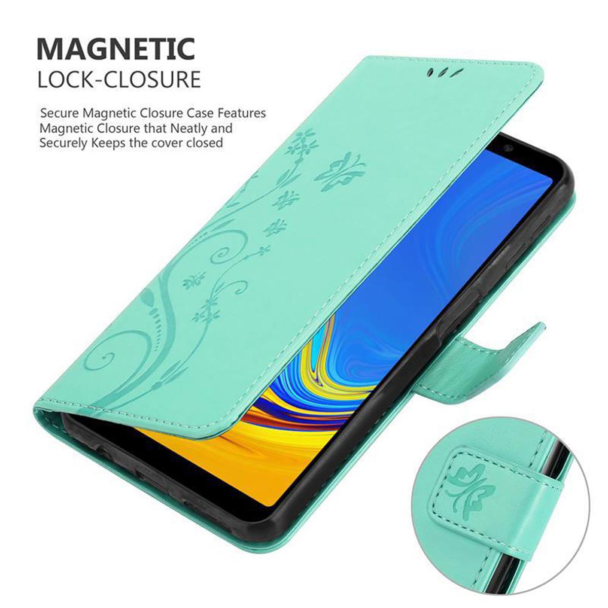 Un telefono in una custodia verde acqua, la custodia è aperta e lo schermo è visibile.