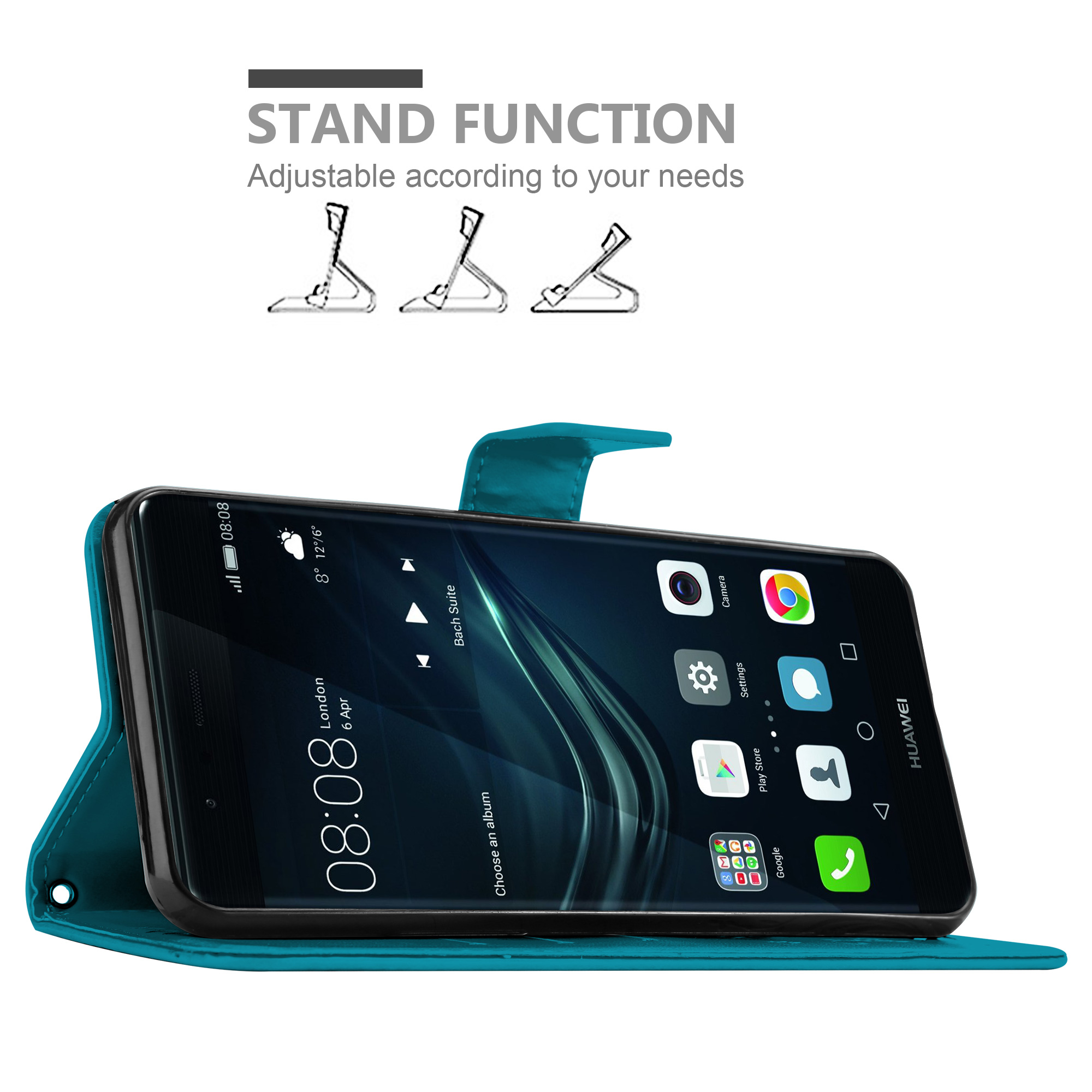 Ein Telefon in einer tealfarbenen Hülle ist hochgeklappt. Der Bildschirm zeigt die Uhrzeit 08:08 Uhr. Das Telefon ist ein Huawei.