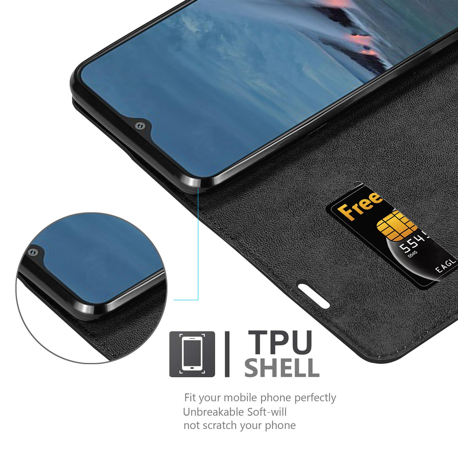 Nahaufnahme einer schwarzen Handyhülle mit Handy. Eine Kreditkarte ist sichtbar.