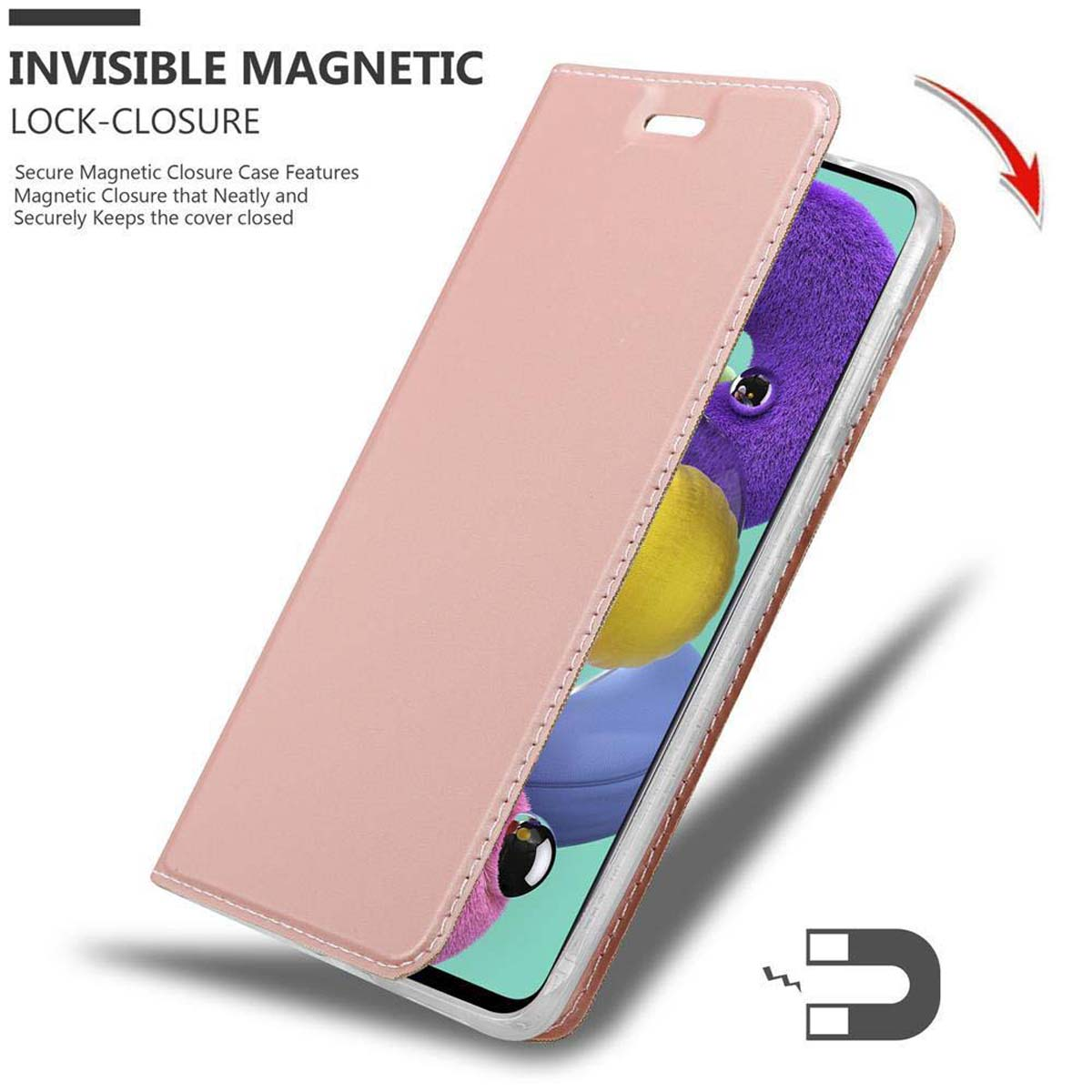 Una custodia per telefono è aperta, che mostra il telefono. La custodia è rosa e c'è una chiusura magnetica.