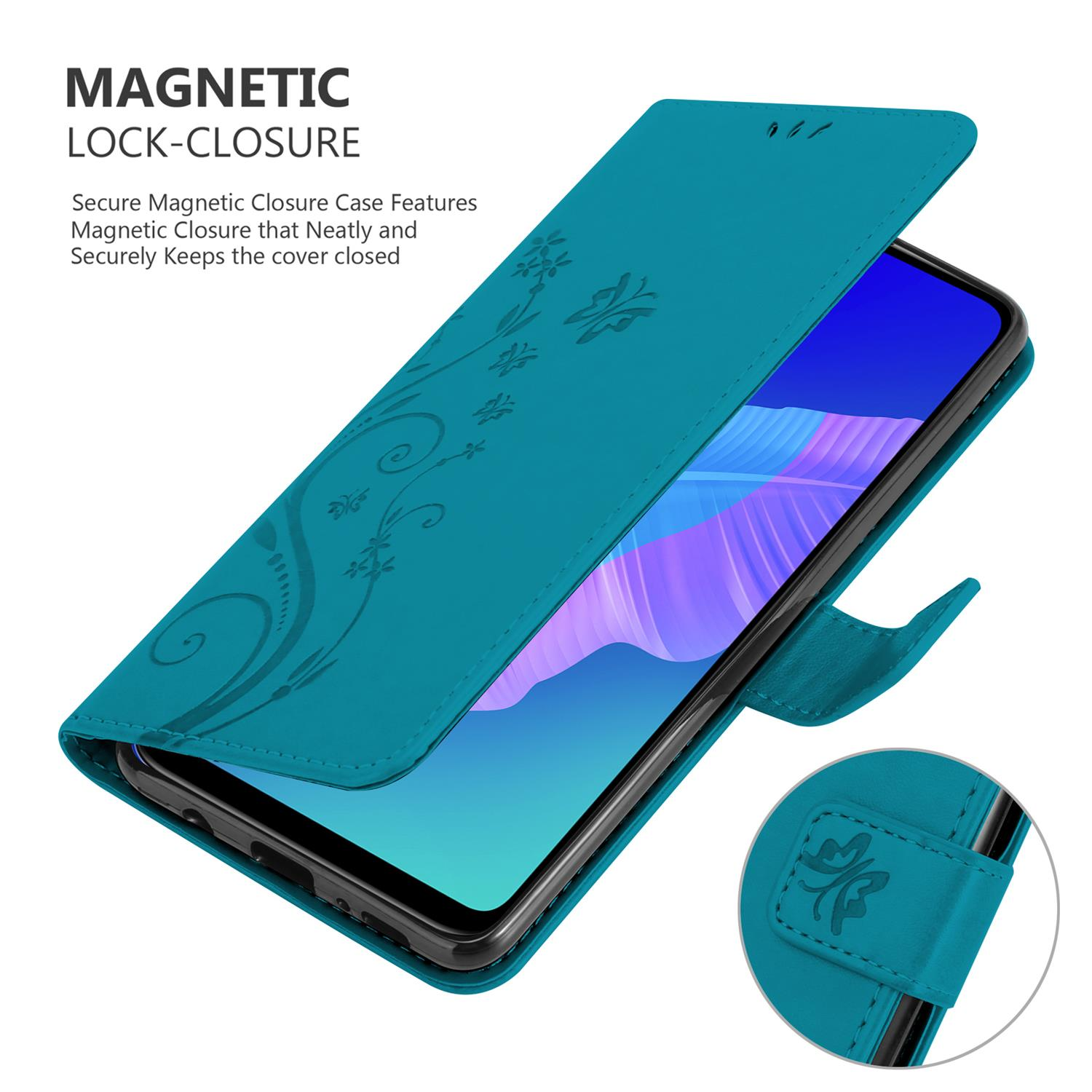 Custodia teal con fiori, aperta, rivela il telefono. Testo: Magnetic Lock-Closure.