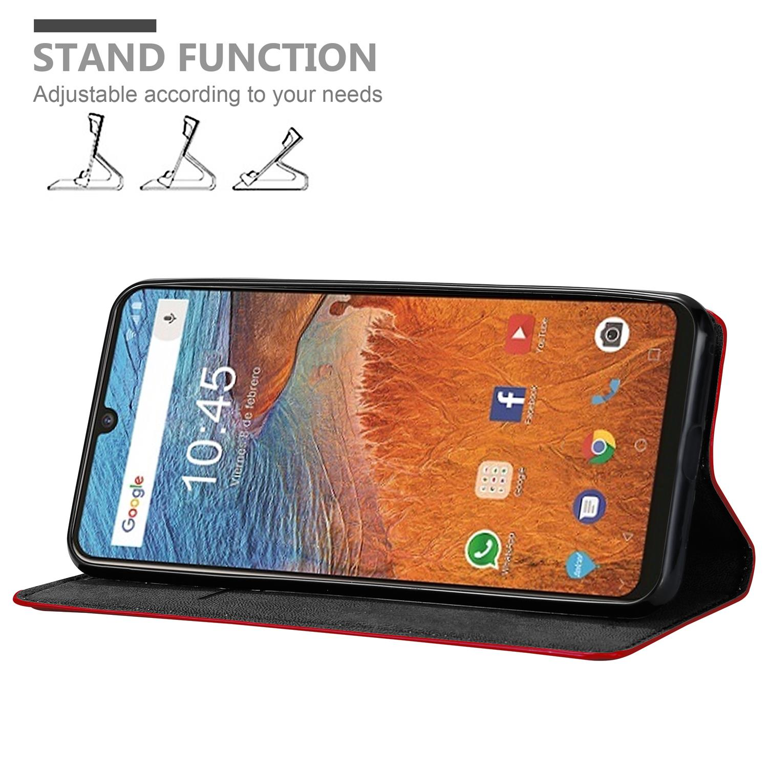 Telefon in einer Hülle. Das Telefon ist geöffnet, der Bildschirm wird angezeigt. Das Gehäuse befindet sich in einer Ständerposition.