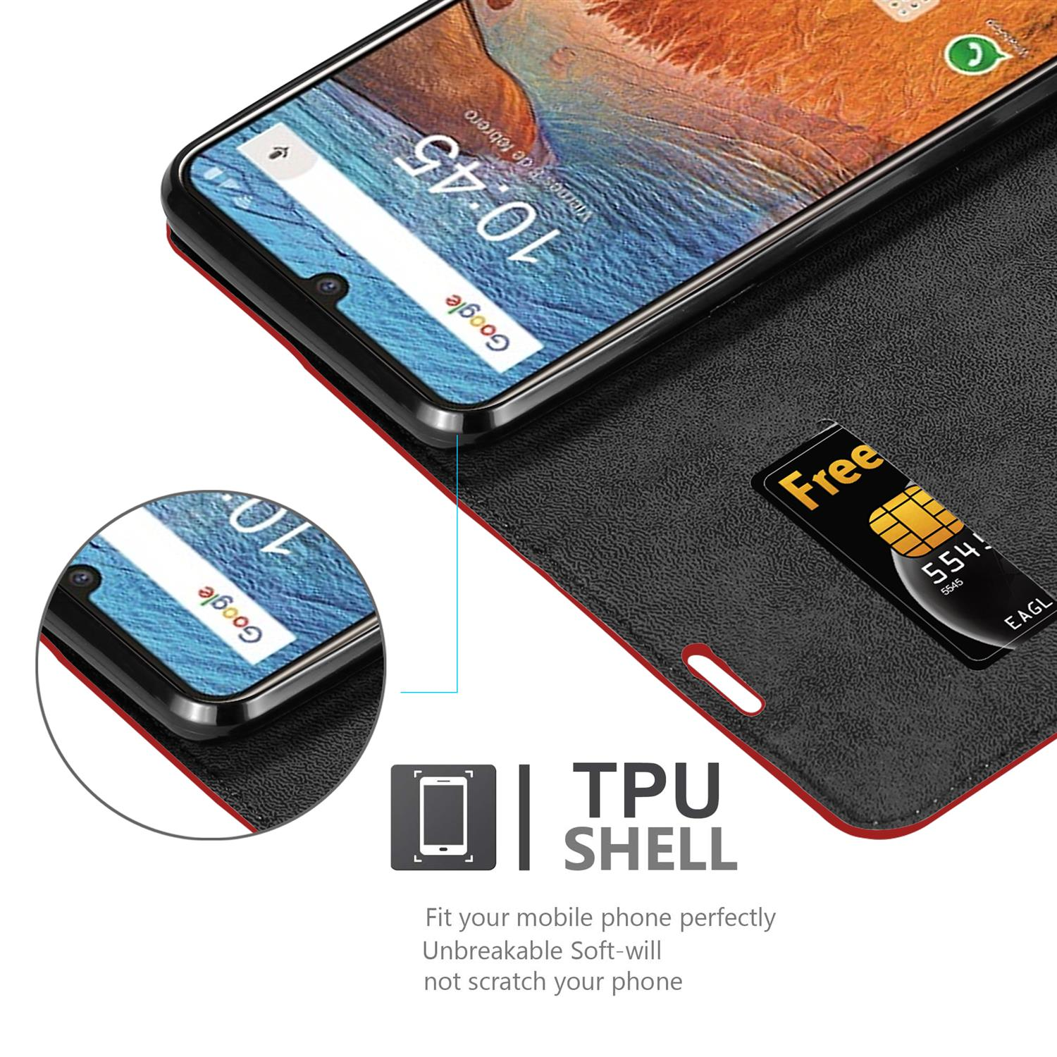 Telefon in einer roten Lederhülle, mit Google-Oberfläche. Eine SIM-Karte ist innen sichtbar.