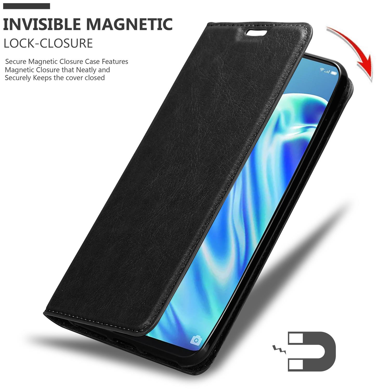 Schwarze Handyhülle mit einem Telefon darin. Die Hülle ist offen, hat einen Magnetverschluss.