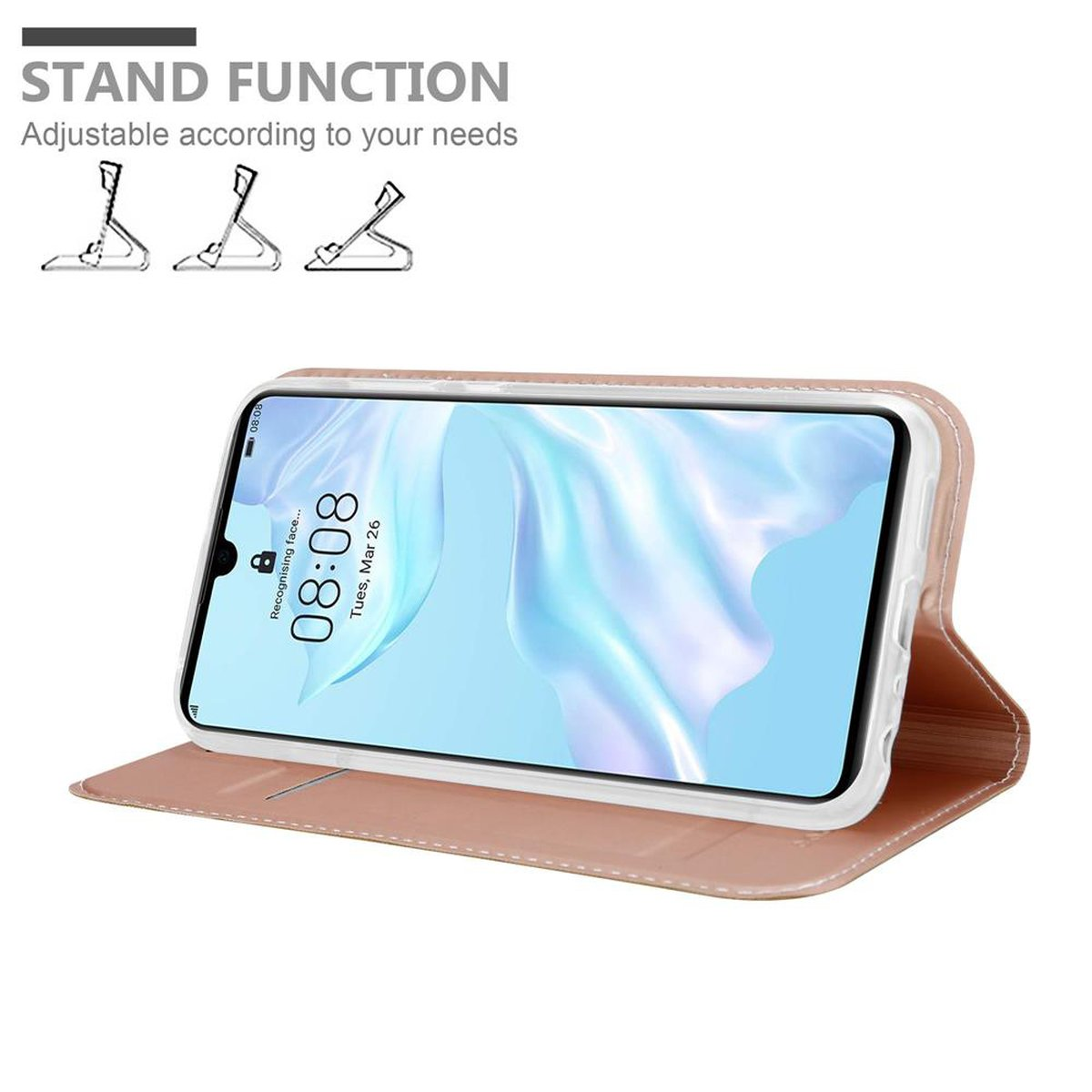 Telefono in custodia rosa, aperto. Schermo acceso, mostra l'ora. Illustrazione della funzione supporto.