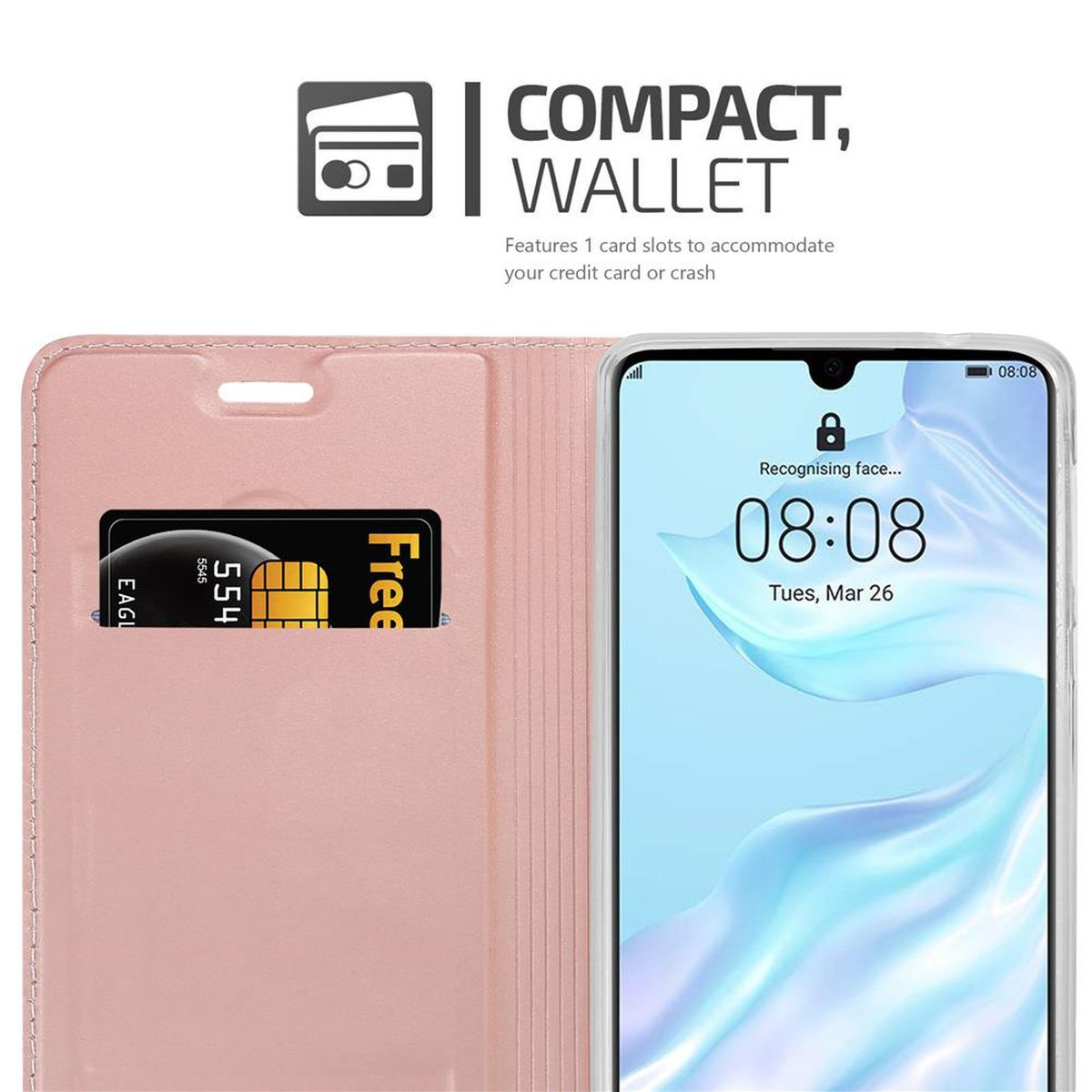 Custodia a portafoglio rosa con carta di credito e telefono che mostra l'ora.