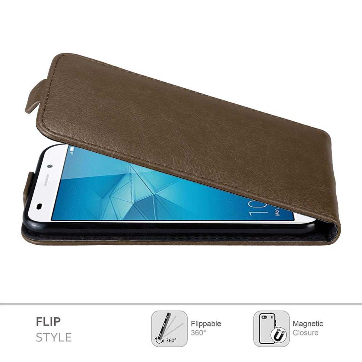 Custodia a flip marrone. Telefono visibile all'interno. Stile flip mostrato.